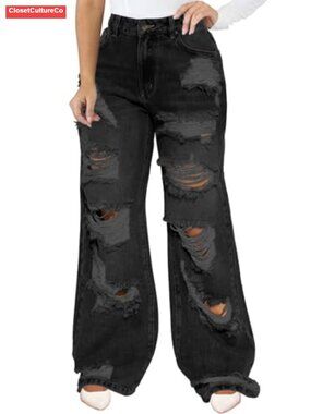 High Waist Baggy Wide Leg Ripped Denim Jeans Stretch